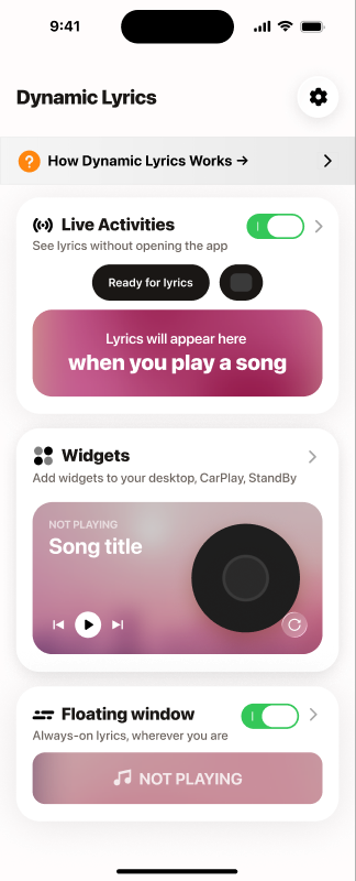 Lyricast main app screen showing Live Activities and Widgets controls