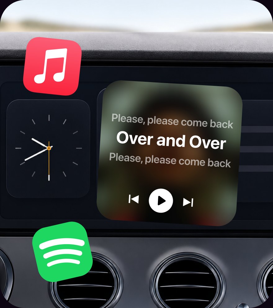 Lyricast lyrics widget on a CarPlay dashboard screen, next to a clock widget