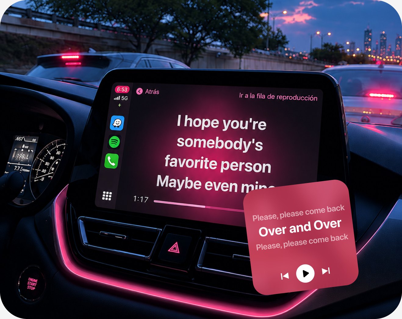 Lyricast showing full-screen karaoke-style synced lyrics on a CarPlay display at night