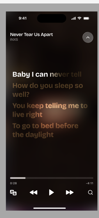 Lyricast showing karaoke-style synced lyrics — Never Tear Us Apart by INXS